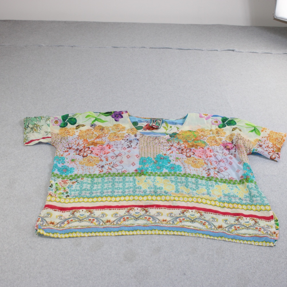 Johnny Was Shirt Women Medium Multicolor Floral Kimono Sleeve Sheer Tunic Boho